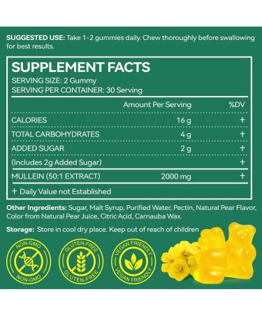 Mullein Leaf Extract for Lungs 2000mg Mullein Gummies for Lungs Respiratory & Digestive Support Natural Herbal Supplement Pear Flavor 60 Gummies - Buy Online on GoSupps.com