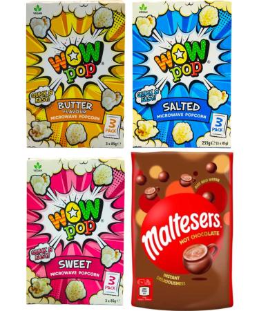WOW POP Microwave Popcorn Flavour Bundle with Malteser Hot Chocolate Powder Instant Deliciousness. Butter Sweet and Salted Popcorn with 140g Hot Chocolate.