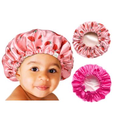 YANIBEST Baby Bonnet Infant Newborn Toddler Satin Silk Hair Bonnet for Baby Girl Boy Sleeping Kids Cap Hat 0-6 Months Strawberrt & Hot Pink
