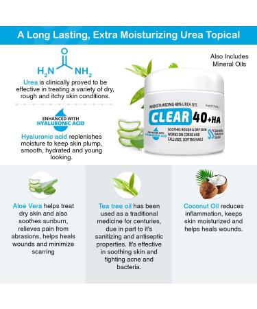 Clear 40 HA 40% Urea Gel with Hyaluronic Acid, Tea Tree & Coconut Oil - 4 oz | Callus & Corn Remover for Cracked Heels, Feet, Hands, Elbows & Nails | Superior Hydration Formula - Buy Online on GoSupps.com