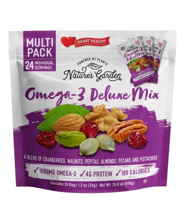 Nature's Garden Omega 3 Deluxe Mix - Trail Mix, Deluxe Mix Nuts, Heart Healthy, Gluten Free, Cholesterol Free, Sodium Free, No Artificial Ingredients - 1.2 oz Bags (24 Individual Servings) Omega-3 Deluxe Mix 1.2 Ounce (Pac…