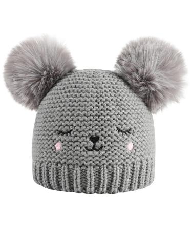 XYIYI Baby Kids Winter Warm Knit Hat Infant Toddler Crochet Fur Pom Beanie Cap for 6-24Months Boys Girls 6-24 Months Bear Grey