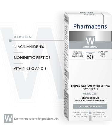 Pharmaceris W Albucin Triple Action Whitening Day Cream SPF 50 Cream for Discolored Skin UV Protection 4% Niacinamide Vitamin E - 30 ml - Buy Online on GoSupps.com