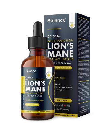 Lions Mane Supplement Liquid Drops - High Strength of 24 000mg per 60ml Bottle at 4X Concentration - Vegan - 1 Month Supply of Premium Lions Mane Extract - Made in UK by Balance (Single Pack) 60.00 ml (Pack of 1)