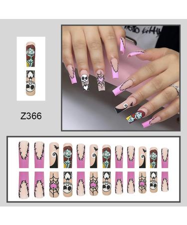 French Tip Halloween Press-On Nails | Pink Matte False Nails with Spider Web Skull & Bat Designs Full Cover Stick-On Nails for Women & Girls - Buy Online on GoSupps.com