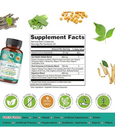 Organic Veda Gut Health Supplement - Leaky Gut Repair Capsules with Papaya Digestive Enzymes Prebiotics L-Glutamine Turmeric - Support Bowel Movement & Cleanse Colon - 120 Count - Buy Online on GoSupps.com
