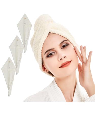BWHM hair towel microfiber towel for the hair as quickly dry super absorbent and soft hair turban with two buttons for all hair types 3 pieces 25 x 65 cm khaki
