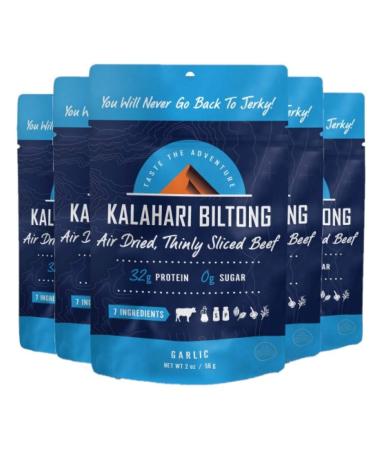 Garlic Kalahari Biltong, Air-Dried Thinly Sliced Beef, 2oz (Pack of 5), Sugar Free, Gluten Free, Keto & Paleo, High Protein Snack 2 Ounce (Pack of 5)