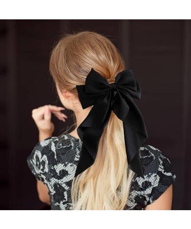 wimony 2 PCS Big Bow Hair Clips with Long Silky Satin Hair Clip Long Tail French Ribbon Hair Pins Metal Bowknot Clips for Simple Women Girls Solid Color French Barrette Black + Milky White Black and White - Buy Online on GoSupps.com