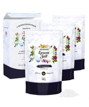 Nortembio 100% Pure Epsom Salts 3 x 180g Concentrated Source of Magnesium | For Sensitive Skin | With Moisturizing Vitamins C and E | Additive-Free Natural External Use + Free E-Book