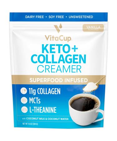 VitaCup Keto + Collagen Coffee Creamer Vanilla Flavor with MCT, Collagen Protein, Coconut Water, L-Theanine for Keto Diet, Use in Coffee, Smoothies, & Shakes, Dairy-Free, Gluten-Free, Soy-Free, 10oz Vanilla 10 Ounce (Pack of 1)