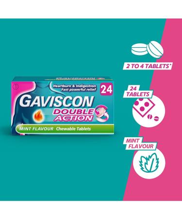 Gaviscon Double Action Heartburn and Indigestion Tablets Mint Flavour Pack of 4 x 24 Tablets Total 96 Tablets - Buy Online on GoSupps.com