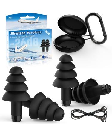Ear Plugs for Airplane Ear Pressure Relief 2 Pairs Adults Soft Silicone Reusable Airplane Ear Plugs 26dB with Silicone Connector Cord Travel Essentials for Flying Ear Protection Earplugs for Plane Carbon Black