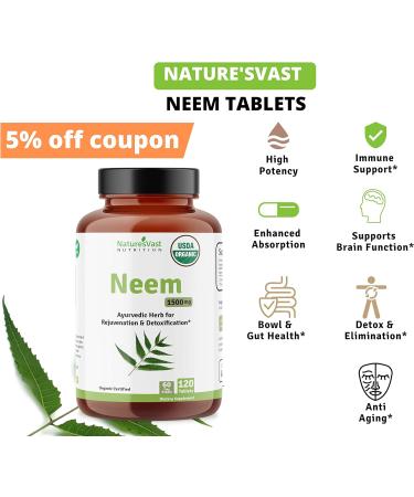 USDA Organic Neem Tablets - 1500mg (120 Count) Azadirachta Indica - Nature'sVast - Buy Online on GoSupps.com