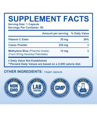 Methylene Blue (USP Grade) Pharma Grade Supplements for Brain Health with Added Vitamin C Ester for Enhanced Absorption Brain Supplement Memory Focus Clarity Cognitive Energy 60 Capsules - Buy Online on GoSupps.com