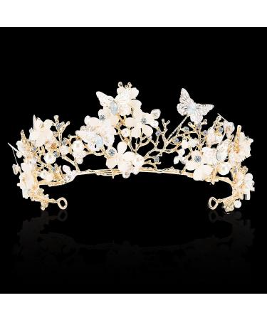 Golden Butterfly Fairy Crown Tiara with Pearl Crystal & Rhinestone - Wedding & Birthday Gift - Buy Online on GoSupps.com