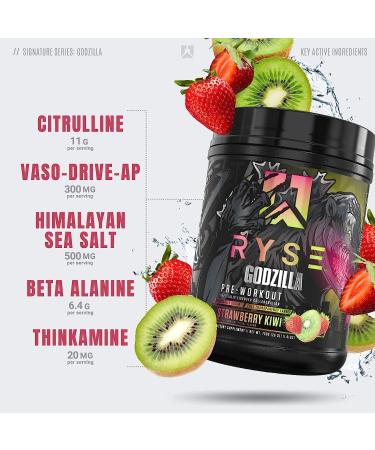 Ryse Signature Series Godzilla Pre Workout - Pump, Energy, Strength, Focus - Citrulline, Beta-Alanine, Caffeine - 40 Servings (Strawberry Kiwi) - Buy Online on GoSupps.com