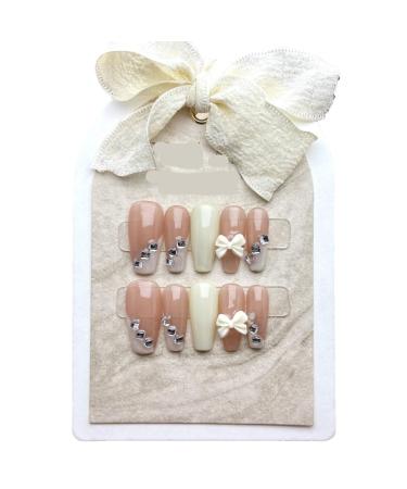 Milk White Butterfly Handmade Wearing Party A Diamond French Medium Length Wearable Nail Panel False Nail 10pcs (Size : XS)