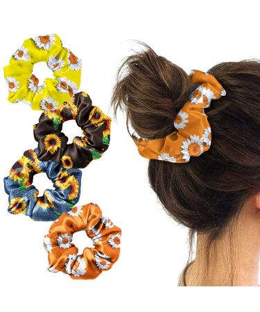 WIRESTER 4 Pcs Satin Hair Scrunchies  Silk Hair Ties  Soft Elastic Hair Bands Ponytail Holder  Silky Curly Hair Accessories for Women Girls - Sunflowers Daises Pattern