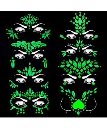 Meredmore 8Sets Glow in the Dark Face Gems Jewels Rave Noctilucent blacklight UV Body Stickers Luminous tattoos mermaid accessories pasties makeup for Women Halloween Festival pattern5