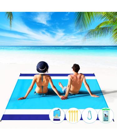 BYDOLL Beach Blanket 81''83'' 4-7 Adults Oversized Lightweight Waterproof Sandproof Beach Blanket Large Picnic Mat Beach Blanket for Beach Travel Camping Hiking Picnic(81" X 83", Blue-White&Blue) 81''83'' Blue White