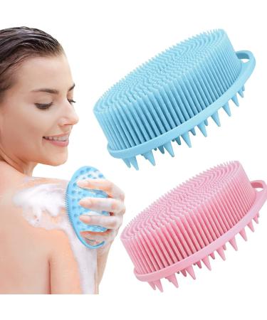 2 PC Silicone Body Scrubber  Upgrade 2 in 1 Bath and Shampoo Brush  Soft Silicone Loofah for Use in Shower  Exfoliating Body Brush  Head Scrubber  Scalp Massager/Brush  Fit Sensitive & All Skins Pink&Blue