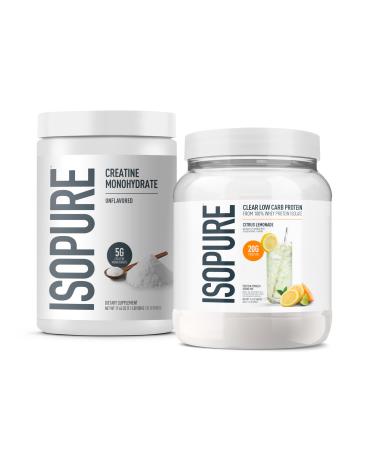 Isopure Bundle of Clear Whey Isolate Protein Powder Citrus Lemonade 16 Servings 100% Pure Creatine Monohydrate Powder Unflavored 100 Servings
