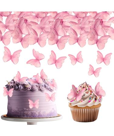 TIESOME 48 Pcs Edible Butterflies for Cake Decorating Vivid Butterfly Cake Topper Butterfly Cupcake Decorating for Wedding Birthday Anniversary Flower Themed Party Decorating Princess Games(Pink)