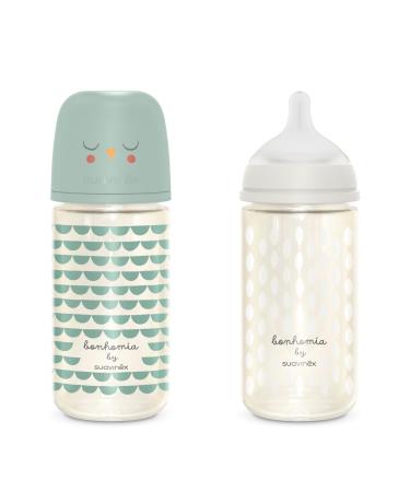 Suavinex 2 baby bottles made of glass 2 baby glass bottles x 240 ml with physiological sucker SX Pro made of silicone with anti-colic valve medium food flow (m) for babies +3 months Bonhomia green green 2 x 240 ml - Buy Online on GoSupps.com