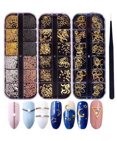 3D Nails Art Metal Charms Studs Jewels Decals Decorations Accessories 800+Pieces Gold Nail Micro Caviar Beads Star Moon Rivet Design Supplies with Tweezers Nail Tools