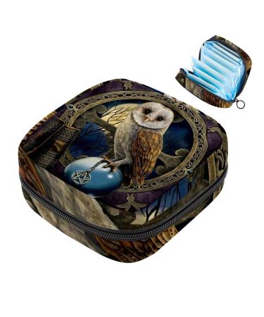 Menstruation pad bag with zipper women's napkin bag tampons collection bags for women and girls (owl is on the globe)