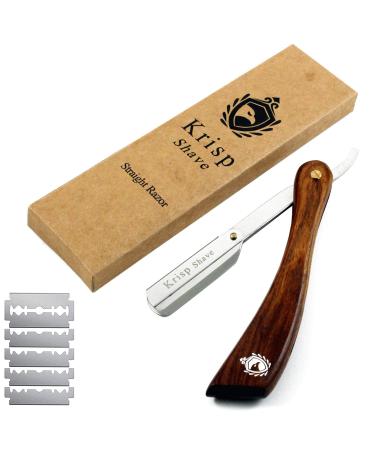 Professional Straight Edge Shaving Razor Safety - Krisp Beauty Natural Wood Handle Wet Shave Manual Shavette Razor For Men Barber Salon Quality Stainless Steel with 5 Double Edge Shaving Blades