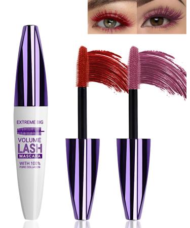 5D Burgundy Bright Red Mascara for Eyelashes-2Pcs Longlasting Waterproof Smudgeproof Colored Tubing Mascara Volume and Length Volumizing Curling Eye Lashes Fiber Mascara for Women Halloween Eye Makeup 07#Red+08#Burgundy
