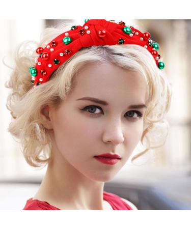 Christmas Headband Pearl Knotted Hair Band with Rhinestone Wide Top Knot Fashion Headband for Women Girls Christmas Hair Accessories (Red) - Buy Online on GoSupps.com