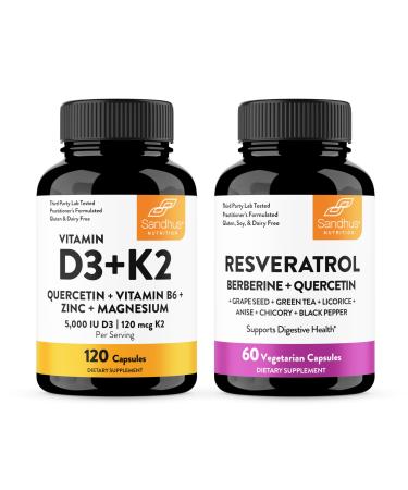 Sandhu's Vitamin D3 K2 with Quercetin & Resveratrol Capsules | Supports Immune Digestive Gut & Muscle Health