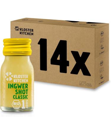 Kloster Kitchen Lot de 14 shots de gingembre bio 1SHOT - 14 x 30 ml - Avec v ritables morceaux de gingembre - V g talien dans une bouteille en verre emporter - Doux et pic - Sans additifs et avec