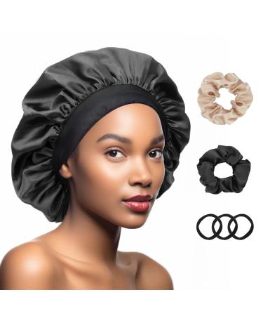 Royuniqur Silky Satin Bonnet for Sleeping  Hair Bonnet Adjustable Sleep Cap for Men & Women  Double Layered Adjustable Bonnets for Curly  Frizzy  Straight Hair Black