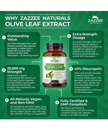 Zazzee Extra Strength Olive Leaf Extract 50:1 - 20 000 mg 40% Oleuropein 150 Vegan Capsules - Non-GMO All-Natural 5 Month Supply - Buy Online on GoSupps.com