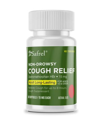 Safrel Adult Cough Relief for Adults Dextromethorphan HBr 15mg (60 Softgels) 8-Hour Non-Drowsy Long-Lasting Bronchial Suppressant (60 Count (Pack of 1))