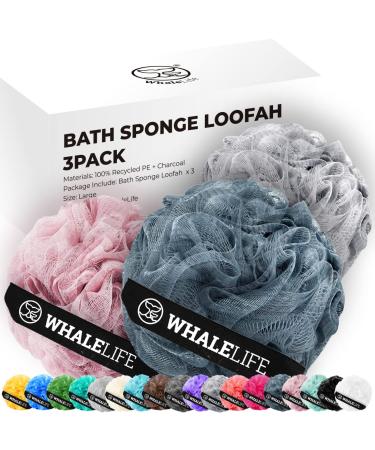 Loofah Sponge Exfoliating Bath Sponge for Shower for Women Men 3 Pack (Pink Blue Gray) Pink Blue Gray 3