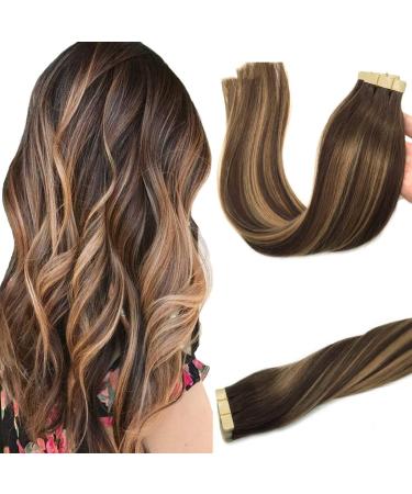 GOO GOO Tape in Hair Extensions Human Hair Chocolate Brown to Caramel Blonde 20pcs 50g Remy Human Hair Extensions Balayage Seamless Straight Real Hair Extensions Tape in Natural Hair 18 Inch 18 Inch (Pack of 1) #(4/27)/4 Chocolate Brown to Caramel Blonde