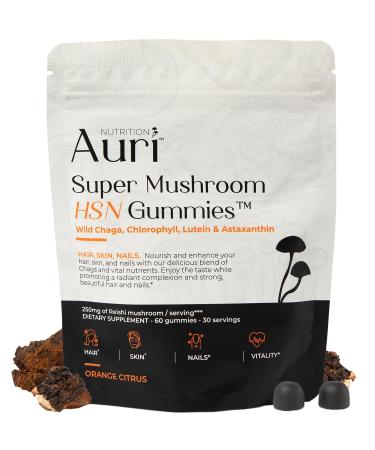 Auri Nutrition Super Mushroom HSN Gummies - Hair Skin and Nails Gummies Functional Mushrooms Supplement - with Wild Chaga Chlorophyll Lutein and Astaxanthin - 60 Orange Citrus Gummies