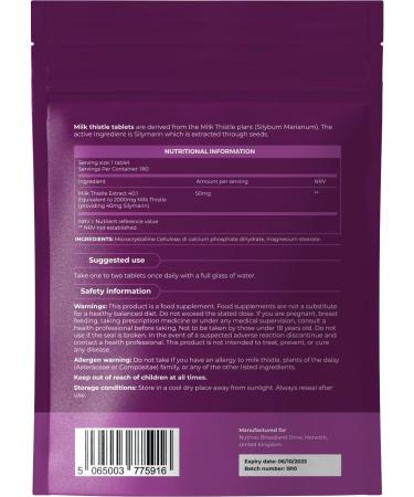 Milk Thistle Tablets - 180 High Strength Vegan Supplement with 80% Silymarin | Non GMO | Made in UK - Buy Online on GoSupps.com