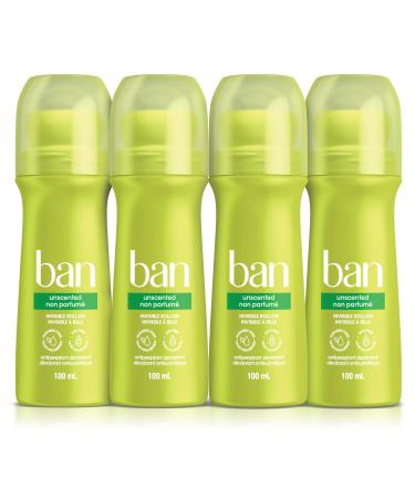 Ban Unscented Roll-on Antiperspirant Deodorant 24-Hour Protection Pack of 4