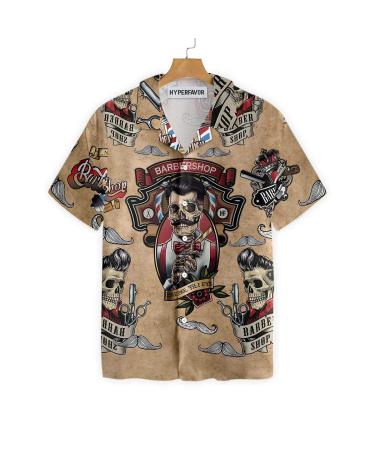 HYPERFAVOR Skull Barber Shirts for Men- Casual Short Sleeve Barber Skull Shirt Men- Barber Hawaiian Shirts for Men Large V6