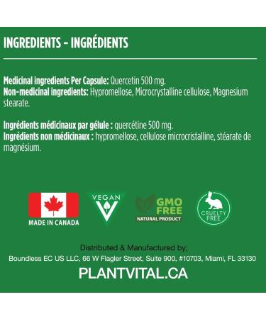 NEW! PlantVital Quercetin 500mg (180 Vegan Caps) Antioxidants helps neutralize free radicals. Blood vessel protection. Used to provide seasonal allergy relief. Made in Canada. Vegan. 180 count (Pack of 1) - Buy Online on GoSupps.com