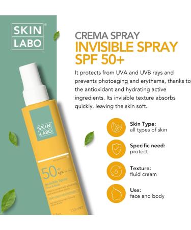 SkinLabo - Invisible Face and Body Spray SPF 50+ Protects against UVA and UVB Rays Prevents Photo-Aging and Erythema Moisturising with Glyceryl Glucoside Celligent - 150 ml - Buy Online on GoSupps.com