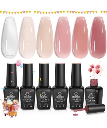 Beetles Jelly Gel Nail Polish Set 6 Colors Neutral Sheer Milky White Nude Pink Gel Polish Kit Translucent Soak off Uv Nail Gel Diy Manicure 2024 New Nail Trend Nail Polish Gift for Girls Women 0-0-0-6 Colors Jelly Gel
