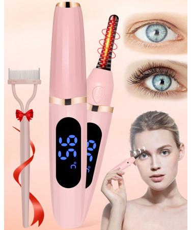 Heated Eyelash Curlers Heated Lash Curler with Comb Electric Eyelash Curler LED Display 3 Temp Settings for Makeup Tools USB Rechargeable Natural Curling 24H Long Lasting for Women Gifts Pink-4831