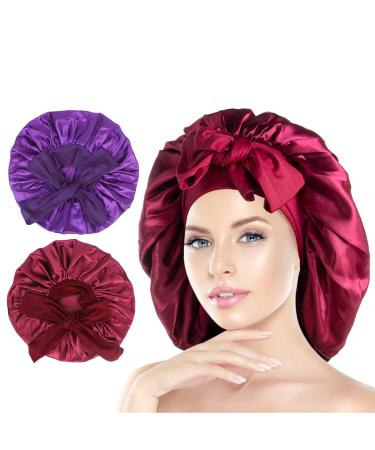 Arqumi Silk Bonnet 2PCS Large Silk Hair Wrap for Sleeping Adjustable Satin Bonnet Hair Bonnet Sleep Cap with Elastic Stay On Head for Long Curly Thick Black Hair for Women Hair Care Purple&Wine Red A (2PCS) Purple & Wine Red